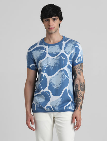 Blue Printed Crew Neck T-shirt